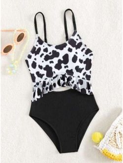 Girls Cow Print Ruffle Trim Cut Out One Piece Swimsuit
