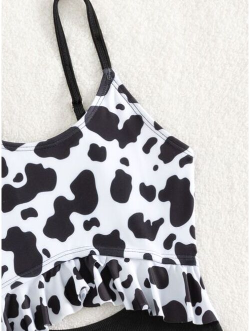 Shein Girls Cow Print Ruffle Trim Cut Out One Piece Swimsuit