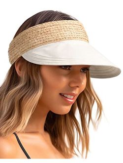 Straw Sun Visors for Women Linen Visor Hat Womens Summer Beach Visors Foldable Roll Up Ponytail Sun Hat