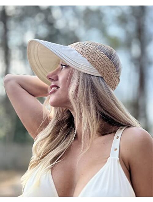 Furtalk Straw Sun Visors for Women Linen Visor Hat Womens Summer Beach Visors Foldable Roll Up Ponytail Sun Hat