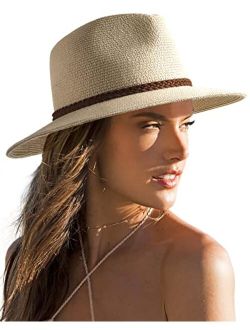 Sun Hats for Women Summer Wide Brim UV UPF 50  Panama Fedora Foldable Packable Straw Beach Hat Ivory