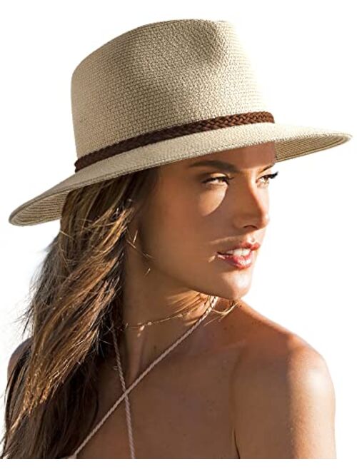 FURTALK Sun Hats for Women Summer Wide Brim UV UPF 50+ Panama Fedora Foldable Packable Straw Beach Hat Ivory