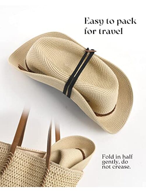 FURTALK Sun Hats for Women Summer Wide Brim UV UPF 50+ Panama Fedora Foldable Packable Straw Beach Hat Ivory