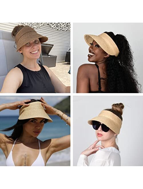 FURTALK Sun Visor Hats for Women Wide Brim Straw Visors Womens Foldable Beach Visors Summer Roll Up Ponytail Beach Hat