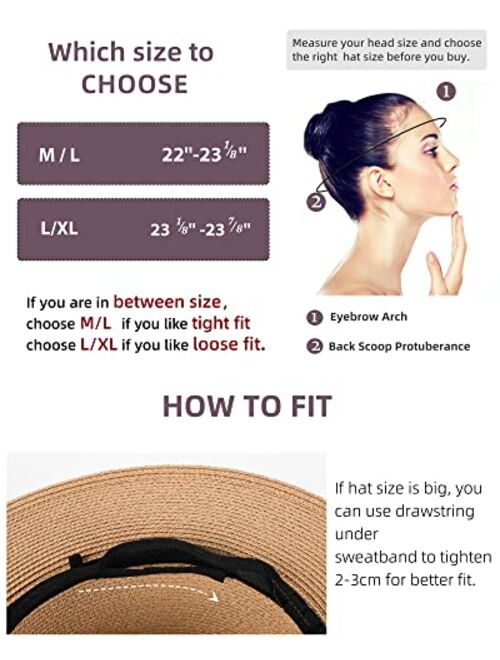 Furtalk Womens Mens Wide Brim Straw Panama Hat Fedora Summer Beach Sun Hat UPF Straw Hat for Women