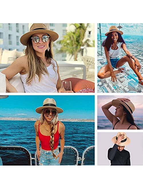 Furtalk Womens Mens Wide Brim Straw Panama Hat Fedora Summer Beach Sun Hat UPF Straw Hat for Women