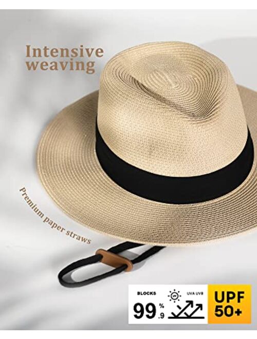 FURTALK Panama Hat Sun Hats for Women Men Wide Brim Fedora Straw Beach Hat UV UPF 50