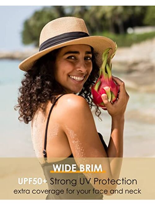 FURTALK Panama Hat Sun Hats for Women Men Wide Brim Fedora Straw Beach Hat UV UPF 50