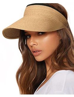 Womens Sun Visor Hat Straw Sun Visors for Women Summer Packable Ponytail Beach Hats for Women Travel UPF 50