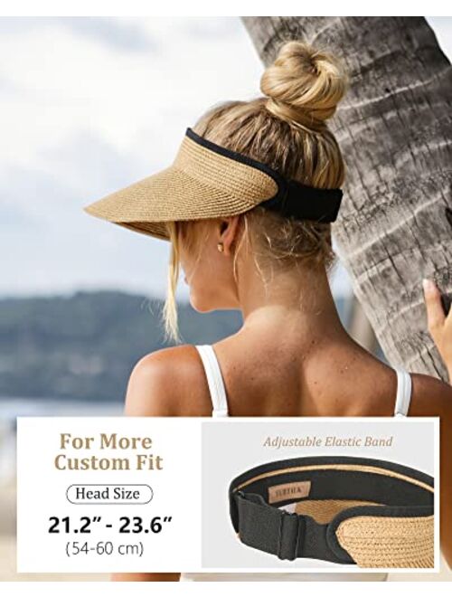 FURTALK Womens Sun Visor Hat Straw Sun Visors for Women Summer Packable Ponytail Beach Hats for Women Travel UPF 50+