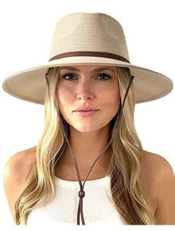 Womens Summer Straw Sun Hats Wide Brim Panama Fedora Beach Hat with Wind Lanyard UPF 50