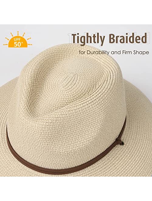 Furtalk Womens Summer Straw Sun Hats Wide Brim Panama Fedora Beach Hat with Wind Lanyard UPF 50+