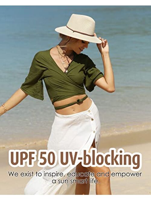 Furtalk Womens Summer Straw Sun Hats Wide Brim Panama Fedora Beach Hat with Wind Lanyard UPF 50+