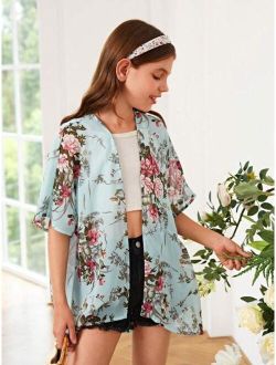 Girls Floral Print Open Front Kimono Without Cami Top