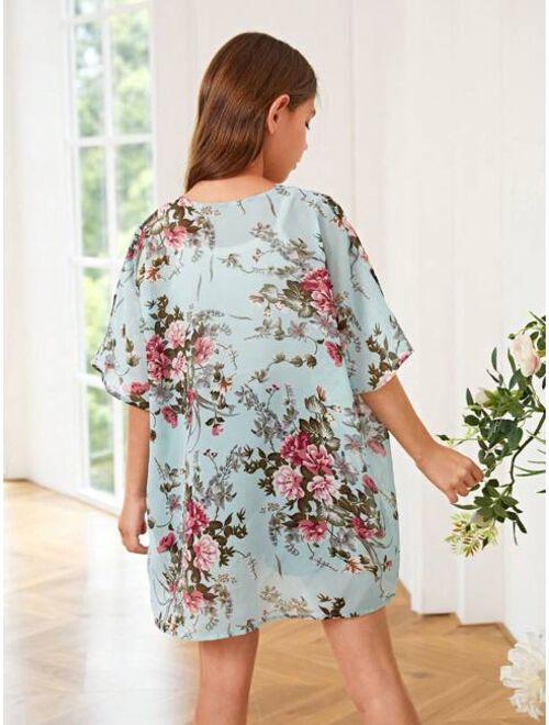SHEIN Girls Floral Print Open Front Kimono Without Cami Top