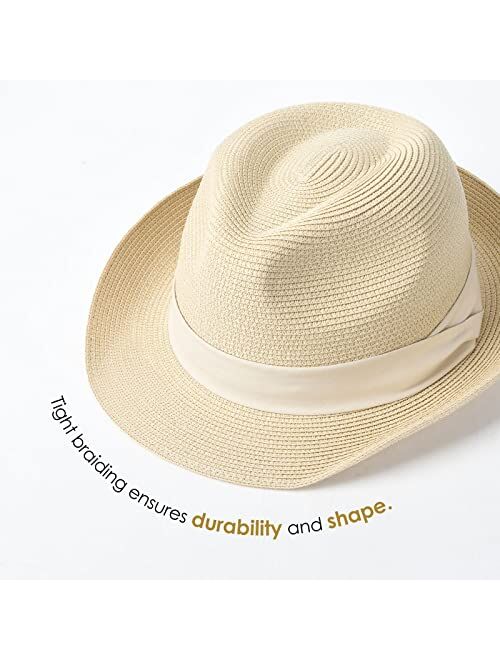 Furtalk Straw Fedora Sun Hats for Women Men Summer Sun Beach Hat Packable Short Brim Roll Up Straw Panama Fedora Hat