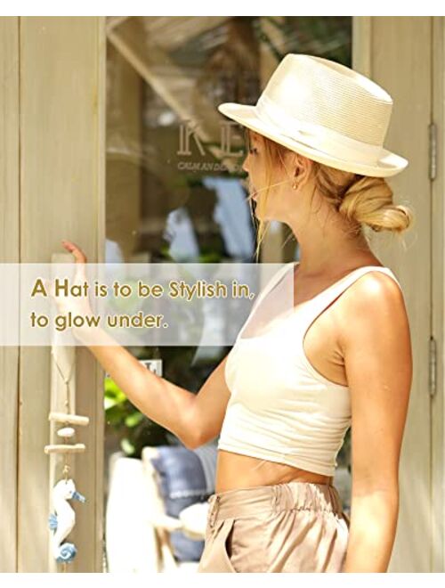 Furtalk Straw Fedora Sun Hats for Women Men Summer Sun Beach Hat Packable Short Brim Roll Up Straw Panama Fedora Hat