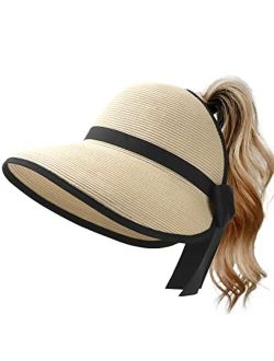 Beach Hats for Women Foldable Packable Wide Brim Sun Visor Hat with Ponytail Hole UPF50  Cap for Travel