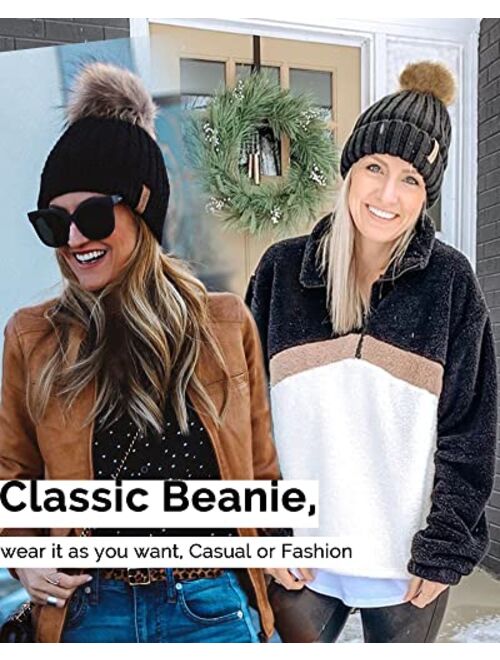 FURTALK Womens Winter Beanie Hat Fleece Lined Faux Fur Pom Pom Knitted Warm Beanie for Women