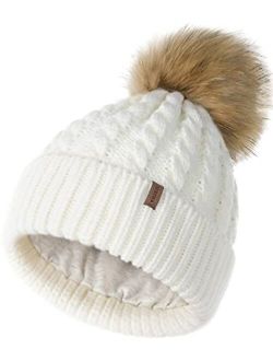 Winter Beanie Hat for Women Cotton Lined Faux Fur Pom Pom Hats Womens Warm Thick Knit Skull Cap