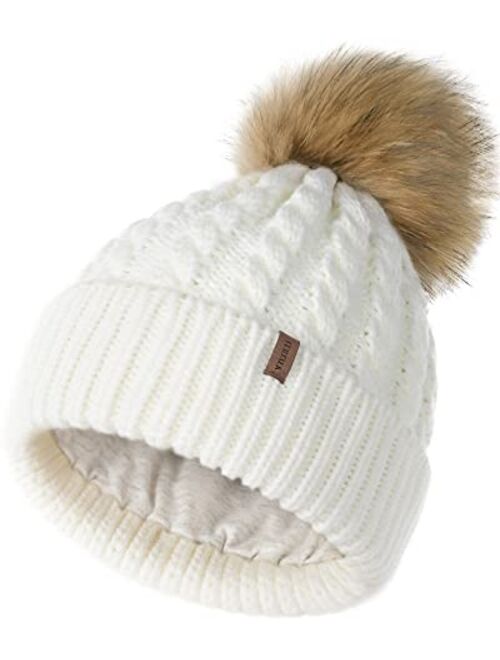 FURTALK Winter Beanie Hat for Women Cotton Lined Faux Fur Pom Pom Hats Womens Warm Thick Knit Skull Cap