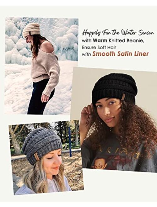 FURTALK Winter Beanie Hat for Women Satin Lined Cable Knit Chunky Slouchy Beanies Skull Warm Cap