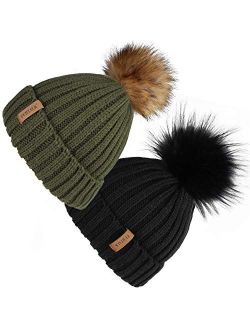 Womens Winter Knitted Beanie Hat with Faux Fur Pom 2 Packs Warm Knit Skull Cap Beanie for Women
