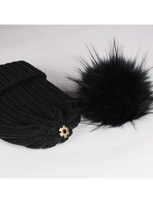 FURTALK Womens Winter Knitted Beanie Hat with Faux Fur Pom 2 Packs Warm Knit Skull Cap Beanie for Women