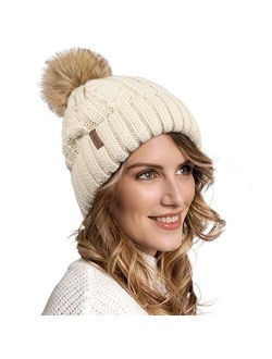 Womens Winter Hat Warm Beanie Hat for Women Faux Fuzzy Fur Pom Fleece Lined Cold Weather Knitted Cap