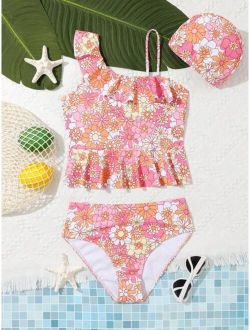 Teen Girls Floral Print Ruffle Hem Bikini Swimsuit With Swim Cap