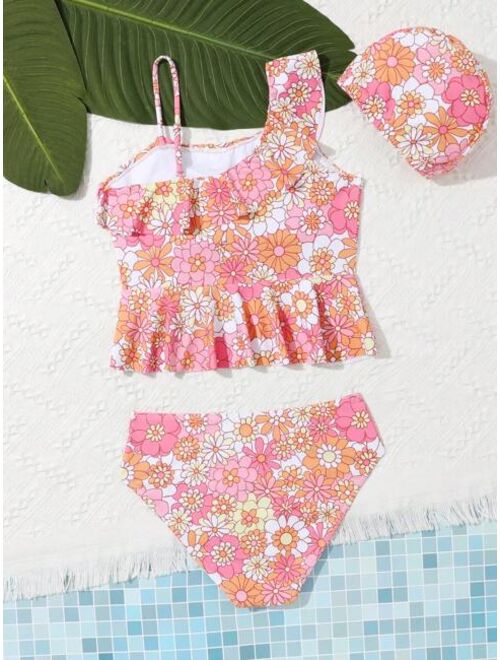Shein Teen Girls Floral Print Ruffle Hem Bikini Swimsuit With Swim Cap