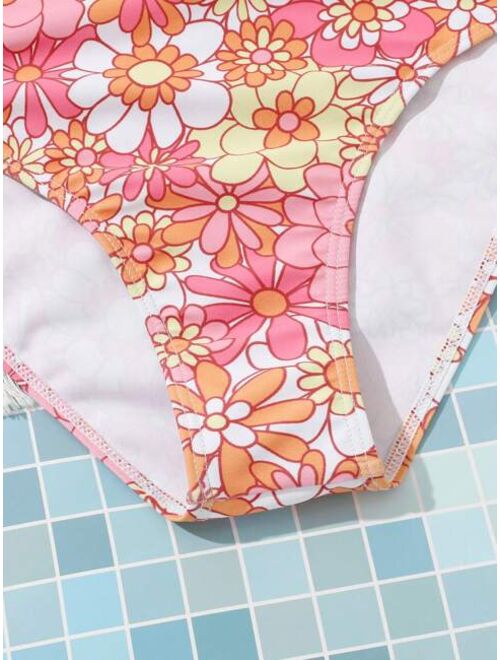 Shein Teen Girls Floral Print Ruffle Hem Bikini Swimsuit With Swim Cap