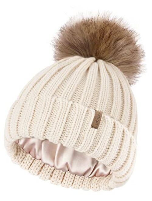 FURTALK Toddler Beanie Satin Lined Baby Boys Girls Winter Hats Pom Pom Beanies for Kids