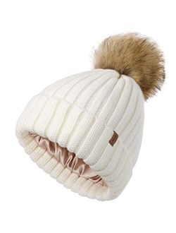 Womens Winter Beanie Hat Satin Lined Faux Fur Pom Pom Beanies Hat for Women Winter Warm Knit Hats