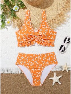 Girls Ditsy Floral Print Ruffle Hem Bikini Swimsuit
