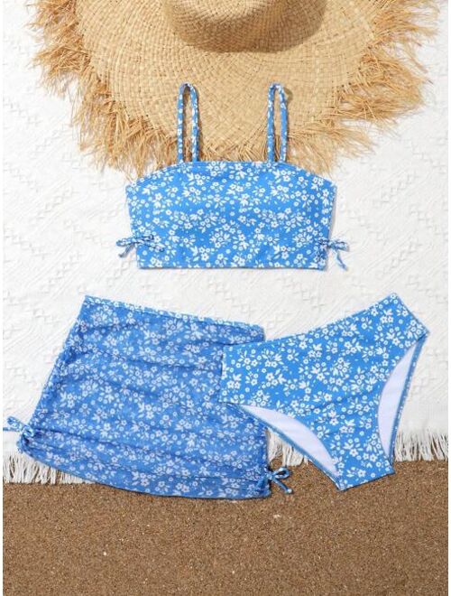 Shein Girls Ditsy Floral Bikini Swimsuit With Beach Skirt