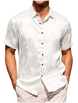 Men's Summer Jacquard Shirts Short Sleeve Silk Satin Casual Button Down Shirt Hawaiian Beach Tops