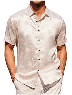 Men's Summer Jacquard Shirts Short Sleeve Silk Satin Casual Button Down Shirt Hawaiian Beach Tops