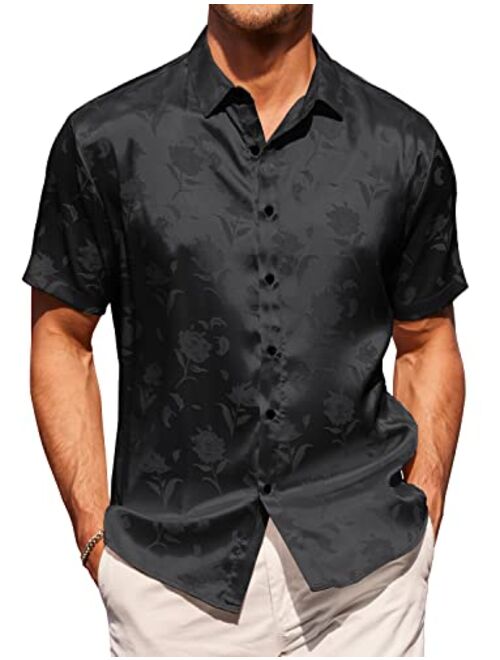 COOFANDY Men's Summer Jacquard Shirts Short Sleeve Silk Satin Casual Button Down Shirt Hawaiian Beach Tops
