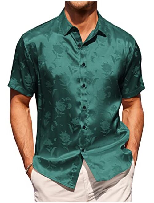 COOFANDY Men's Summer Jacquard Shirts Short Sleeve Silk Satin Casual Button Down Shirt Hawaiian Beach Tops
