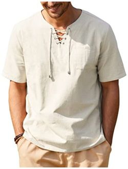 Men Casual Cotton Linen T Shirt Short Sleeve Beach Lace Up Hippie Shirt