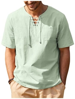 Men Casual Cotton Linen T Shirt Short Sleeve Beach Lace Up Hippie Shirt
