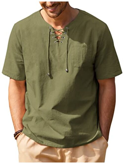 COOFANDY Men Casual Cotton Linen T Shirt Short Sleeve Beach Lace Up Hippie Shirt