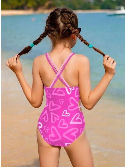 Shein Girls Heart Print Cut Out Side One Piece Swimsuit