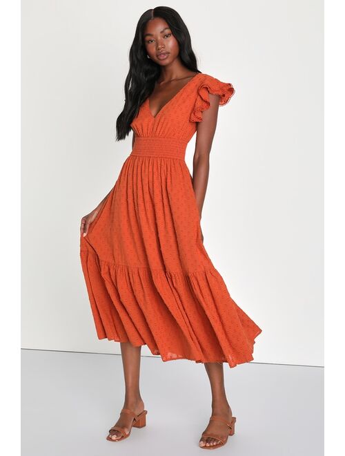 Lulus Brunch Plans Rust Orange Swiss Dot Smocked Backless Midi Dress
