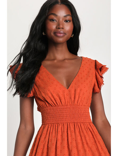 Lulus Brunch Plans Rust Orange Swiss Dot Smocked Backless Midi Dress