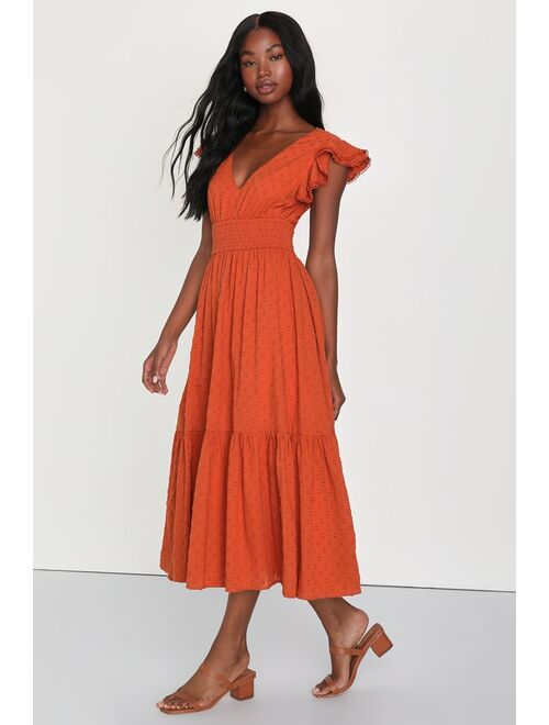 Lulus Brunch Plans Rust Orange Swiss Dot Smocked Backless Midi Dress