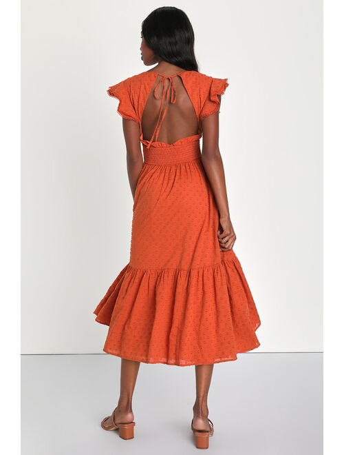 Lulus Brunch Plans Rust Orange Swiss Dot Smocked Backless Midi Dress