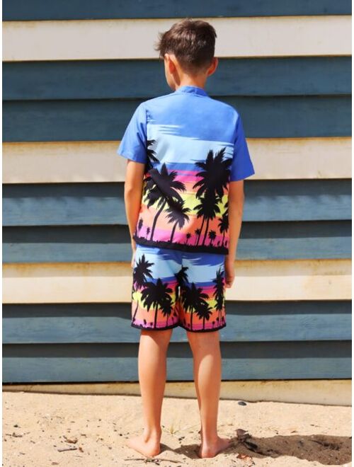 Shein Boys Tropical Print Button Through Kimono & Beach Shorts