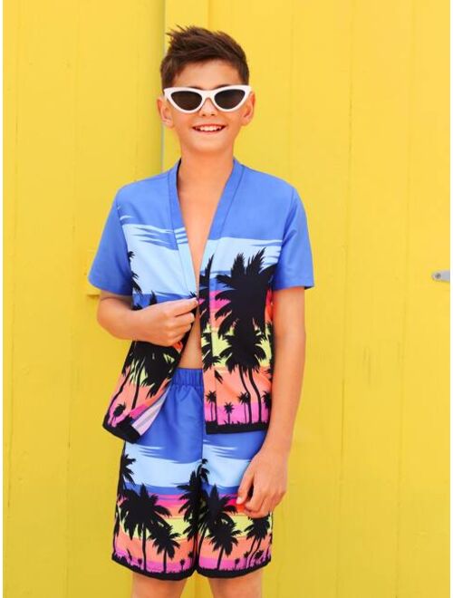 Shein Boys Tropical Print Button Through Kimono & Beach Shorts